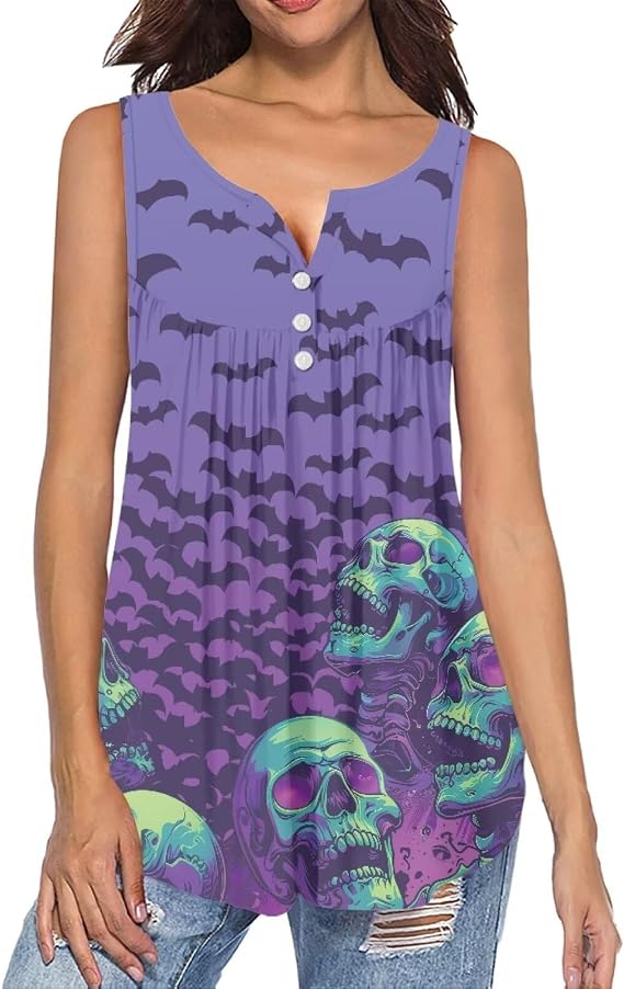Womens Plus Size Tank Tops Loose Fit Summer Sleeveless Shirts - skull leggings