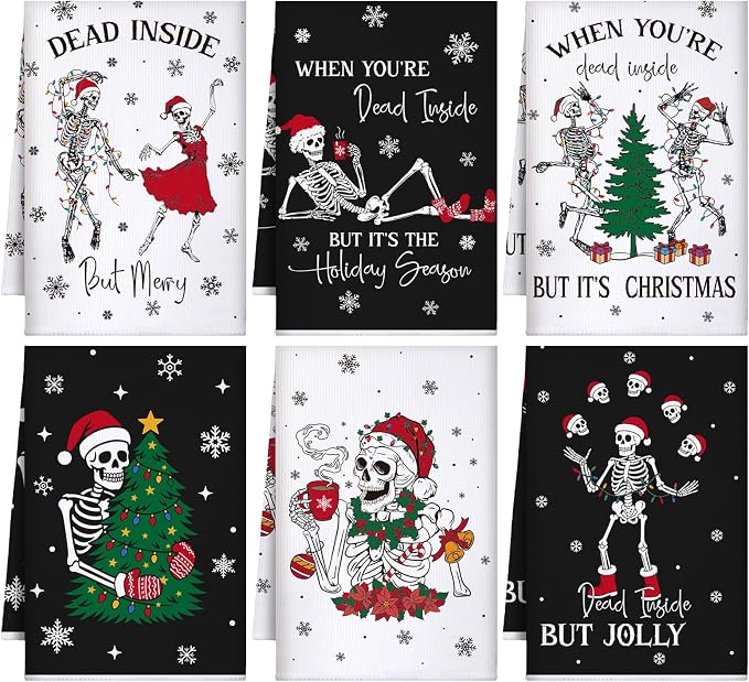 Bencailor 6 Pcs Gothic Christmas Kitchen Towels, Spooky Skeleton Dish Towel - skeleton