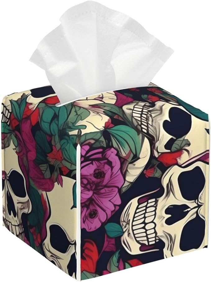 Floral Skulls Print Leather Tissue Box Cover - Foldable Organizer for Bathroom, Living Room, Table, Office, Car, and More - skull toilet paper