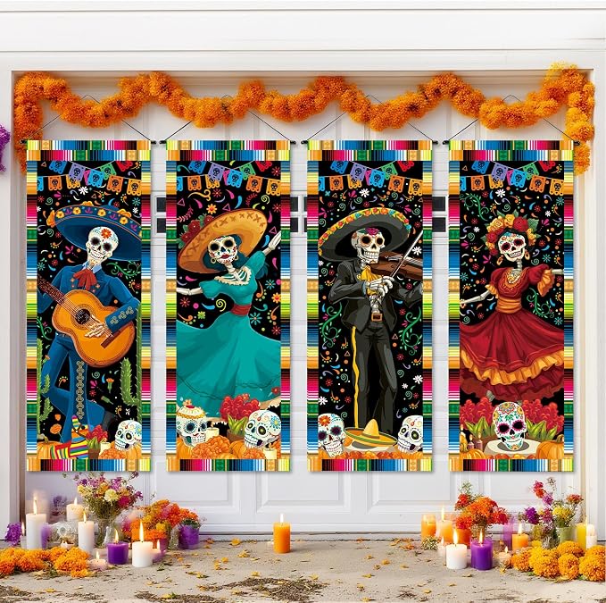 HunnmingRe 4 Pcs Day of The Dead Porch Hanging Banner Decorations - skull carpet