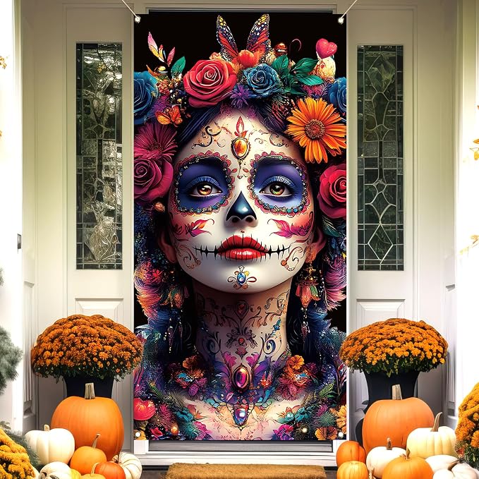 Pudodo Día De Los Muertos Door Cover Day of The Dead Decoration Mexican Sugar Skull Marigold Front Door Porch Banner Photography Decor - skull floor mat