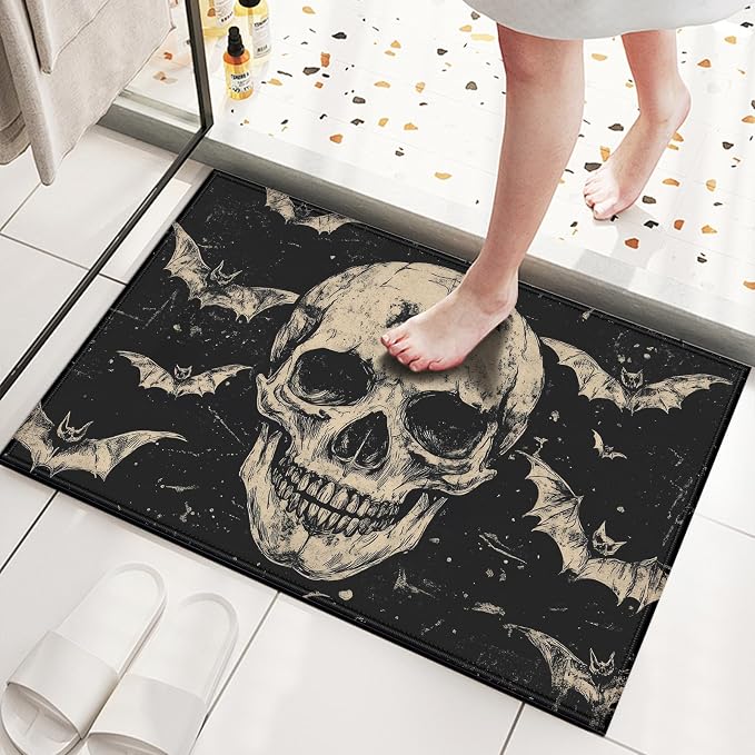Bat Skull Door Mat Halloween Welcome Entrance Doormat Home Floor Mat Rugs for Entryway Outdoor Indoor Kitchen Bathroom Decor 17x29 inch - skull toilet mat