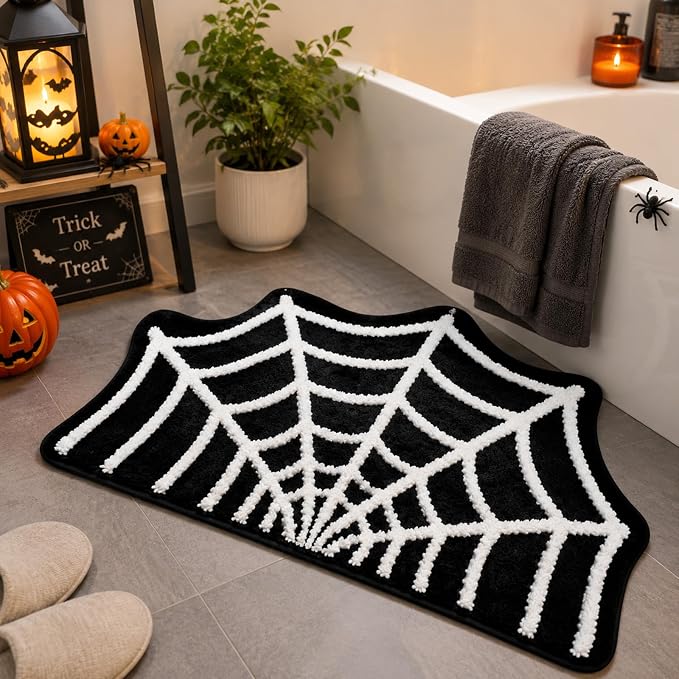 Spider Web Bath Mat - 18x30 Inch Halloween Bath Mat, Halloween Rug - skull toilet mat