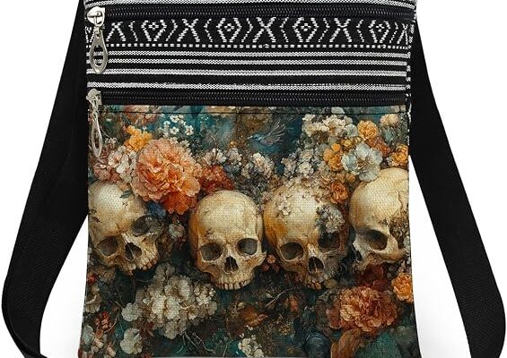Sugar Skull Crossbody Bag Flowers with Skulls Print Purse