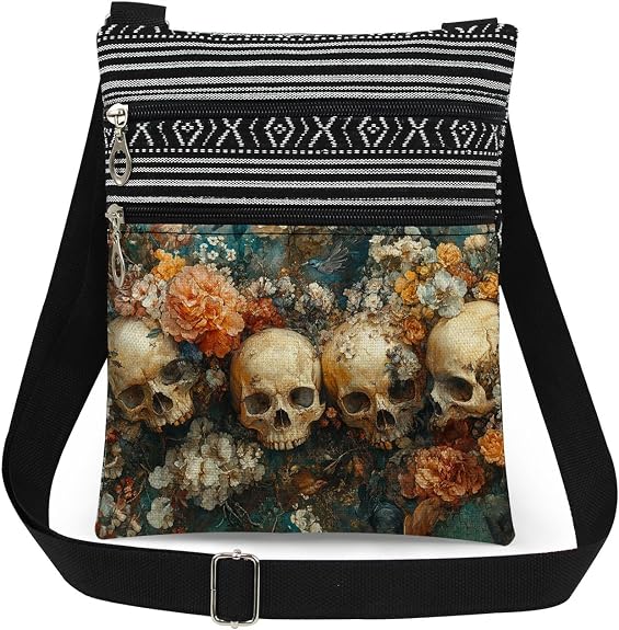 Sugar Skull Crossbody Bag Flowers with Skulls Print Purse