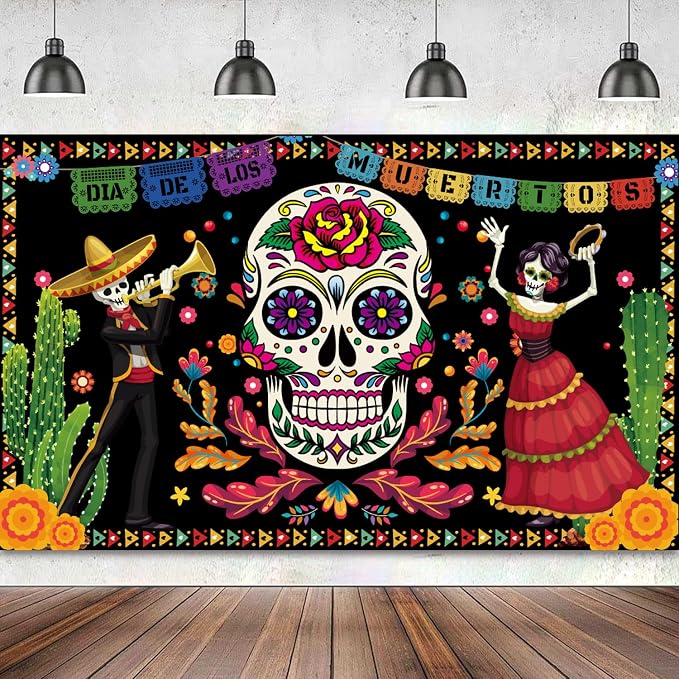 Day of The Dead Banner Backdrop, Day of The Dead Decorations, Dia DE Los Muertos Decorations, Mexican Fiesta Dia DE Los Muertos Sugar Skull Flowers Banner Backdrop Decorations - skull sticker