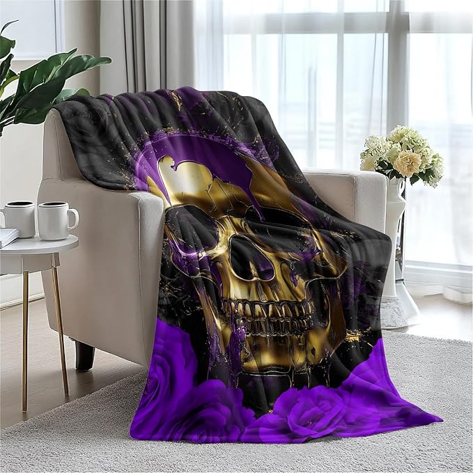 Purple Rose Skull Blanket Fleece Throw for Couch Bed Sofa Travel and Camping, Soft Plush Throw Blanket for for All Seasons 40"x50" - Warm Plush Throw Blank for Women, Men and Kids - skull blanket