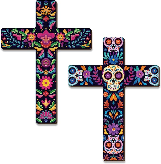 Pinkunn 2 Pcs Day of The Dead Wall Decor, Dia De Los Muertos Altar Crosses - skull wall art