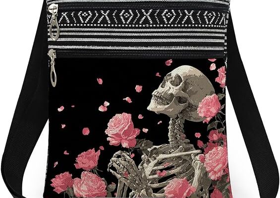 White Skull Pink Flowers Adjustable Strap Crossbody Bag