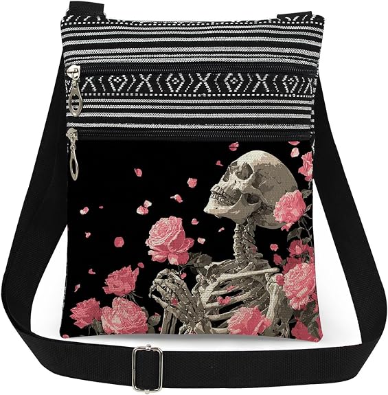 White Skull Pink Flowers Adjustable Strap Crossbody Bag
