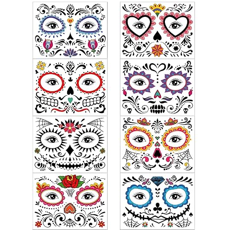 Qpout Day of the Dead Face Tattoos,8 Sheets Rose Sugar Skull Skeleton Fake Temporary Tattoos for Kids Adults Día de Los Muertos Makeup Masquerade Cosplay Halloween Party Favor Supplies - skull sticker