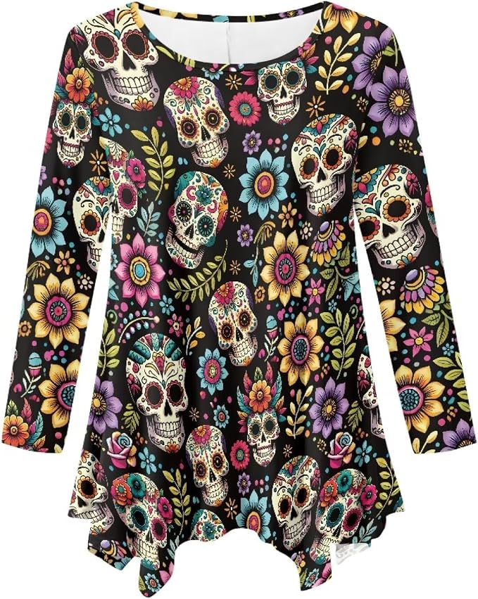 Women's Asymmetrical Irregular Hem Tops Long Sleeve Tunic Top Dressy Casual Blouse Size S-6XL - skull tshirt