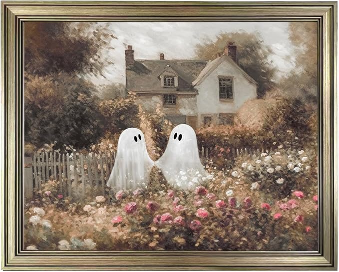 Framed Halloween Canvas Wall Art Vintage Ghost Pictures Wall Decor Halloween Painting Cottage Landscape Print Wildflower Meadow Artwork - skull wall art