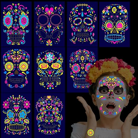 Qpout Day of The Dead Face Temporary Tattoos,9 Sheets Glow UV Neon Sugar Skull Skeleton Fake Tattoos for Día de Los Muertos Makeup Masquerade Cosplay Halloween Party Supplies - sugar skull makeup
