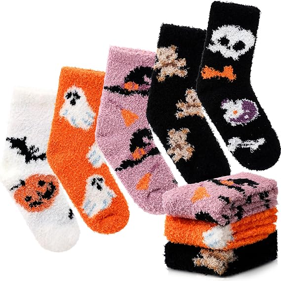 Foaincore 5 Pairs Halloween Fuzzy Socks Winter Warm Cozy Unisex Crew - sugar skull costume