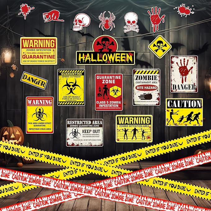 21Pcs Halloween Party Decorations Zombie Warning Signs Poster and Caution Tape Roll Zombie Theme Warning Sign Handprint Coutouts for Indoor Outdoor House SUV Car Decor Yard Beware Danger Haunted - skull sticker