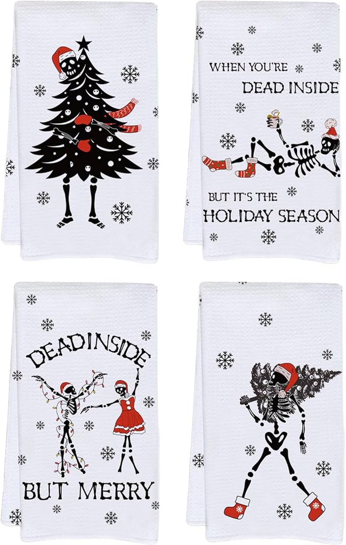 4 Pcs Skeleton Christmas Kitchen Towels, Gothic Holiday Hand Towels with Funny Bone Designs in Black White, Absorbent Cotton Dish Towels for Kitchen, Home & Gothic Christmas Decor - skeleton