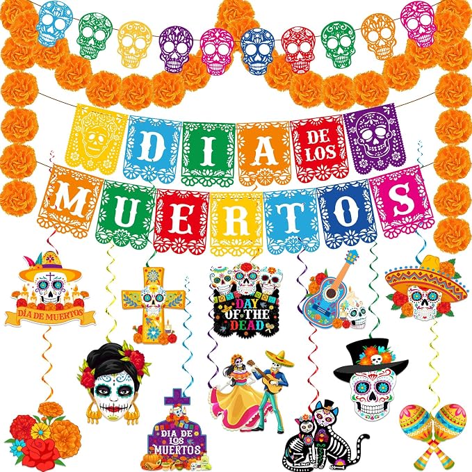 Dia De Los Muertos Decorations, Day Of The Dead Decorations include Sugar Skulls Papel Picado Marigold Banner and Dia De Los Muertos Garland for Mexican Halloween Decor Day Of The Dead Party Supplies - skull carpet