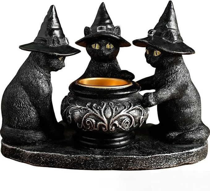 Halloween Black Cat Witches Tealight Candle Holder, Gothic Resin Statue with Decorative Cauldron, Indoor Home Decor (Black) - skull candle