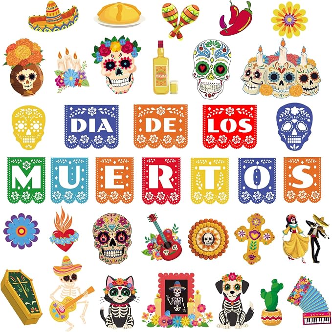 37 Pcs Day of The Dead Decorations Dia De Los Muertos Cutouts Decor Sugar Skull Cutout Halloween Decorations for Classroom Bulletin Board Wall Decor Mexican Fiesta Party Supplies - skull carpet