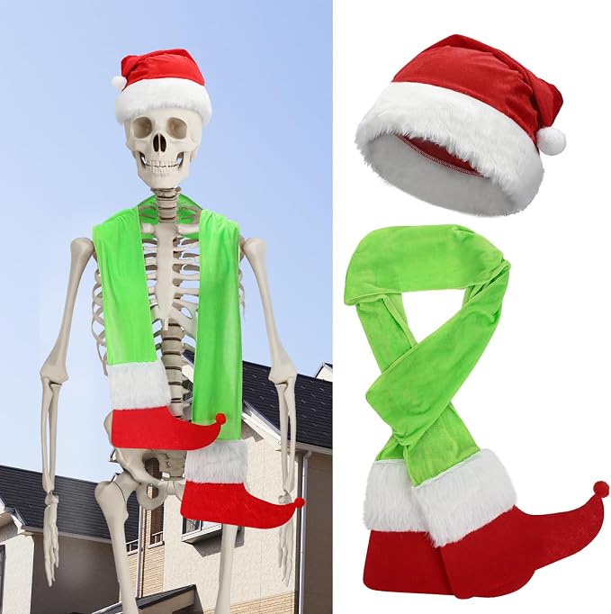 Coume 2 Pcs 12 ft Skeleton Santa Hat Scarf Set, Green Red Xmas Yard Decor - skeleton