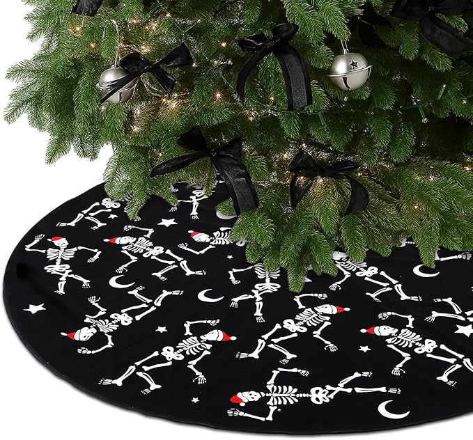 Gothic Christmas Tree Skirt, 36 Inch Dancing Skeletons Black White - skeleton