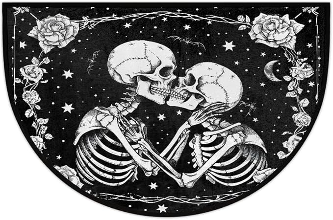 Half Round Doormat Halloween Skull Skeleton Goth Washable Semi Circle Rug Non Slip Absorbent Half Moon Rug Kitchen Floor Mat for Indoor Outdoor Bathroom Patio Front Welcome Fireplace Hearth - skull carpet