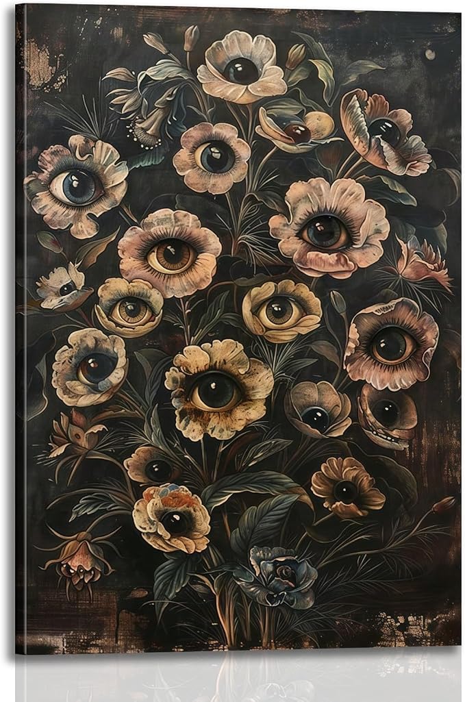 Gothic Eyes Flowers Wall Art Framed Surreal Canvas Print Dark Floral Poster Canvas Painting Fantasy Botanical Picture Print Bedroom Office Aesthetic Gallery Decor 12x16 Inch Ready to Hang - skull wall art