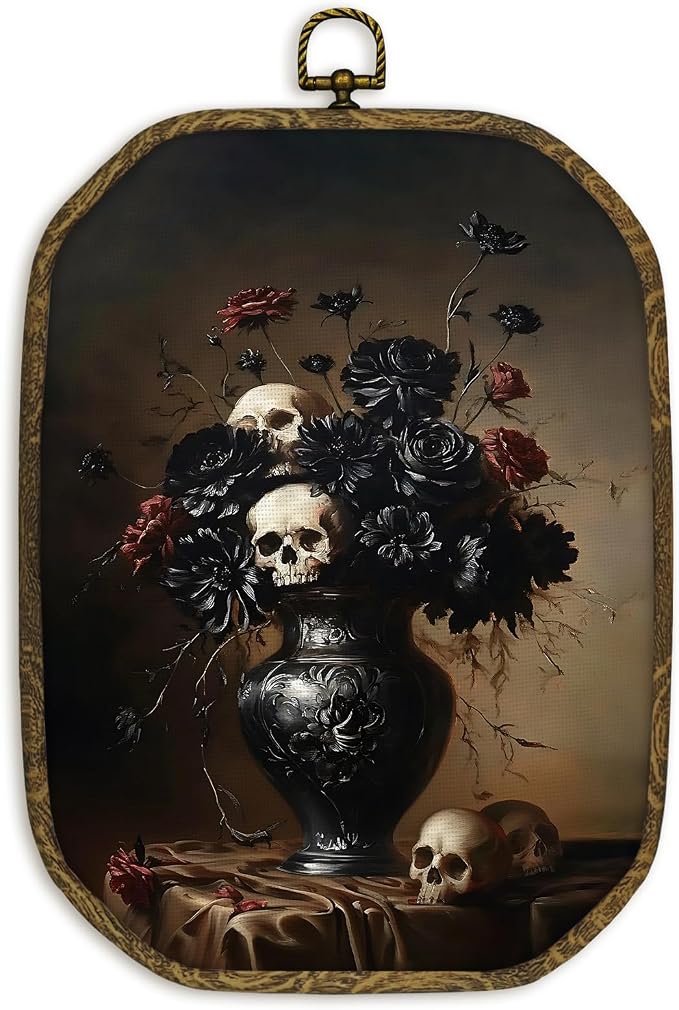 nvucamd Vintage Gothic Skull Floral Wall Art Decor Framed, Witchy Halloween Skeleton Floral Octagon Canvas Prints Wall Art, Dark Academia Black Flower Hanging Decor for Bathroom Living Room, 10.2x7In - skull wall art
