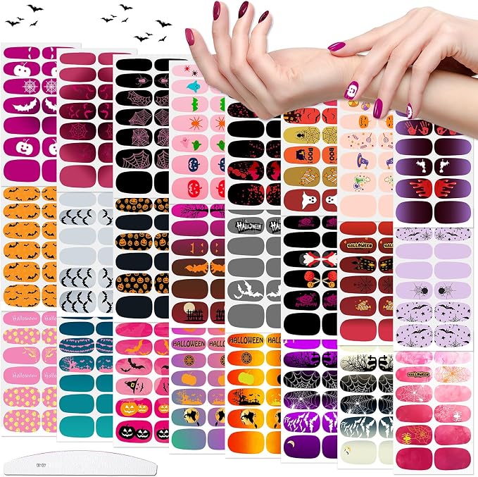 24 Sheets Halloween Nail Polish Strips Self-Adhesive Spider Cobweb Bat Jack-o’-Lantern Skulls Ghost Halloween Nail Stickers Full Nail Wraps for Women
