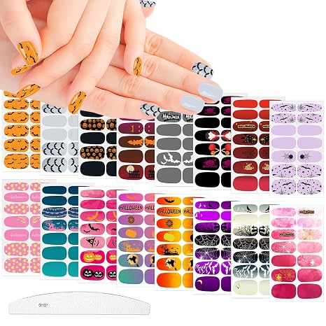16 Sheets Halloween Nail Polish Strips Self-Adhesive Spider Cobweb Bat Jack-o’-Lantern Skulls Ghost Halloween Nail Stickers Full Nail Wraps for Women