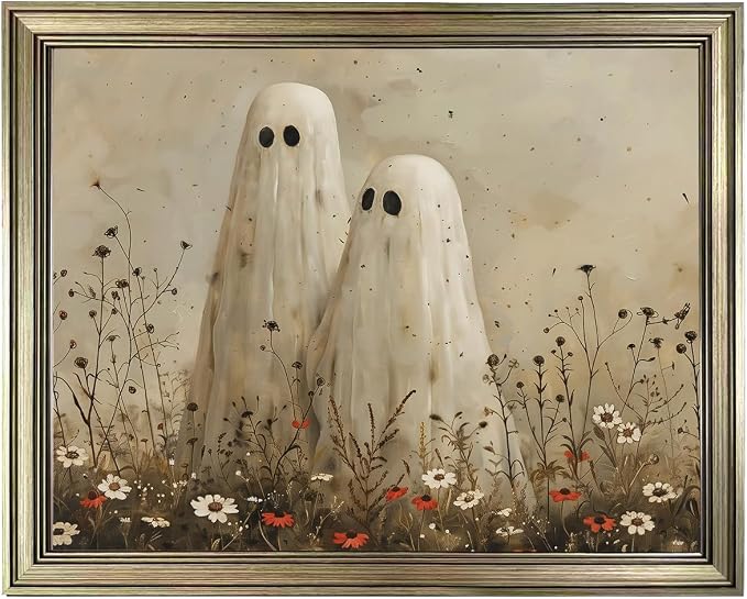 Framed Vintage Cute Ghosts in Wildflower Meadow Wall Art Spooky Halloween Fall Painting Moody Ghost Autumn Decor - skull painting
