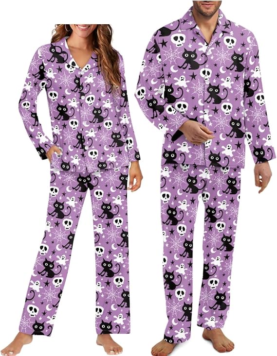 Halloween Couple Pajamas Matching Sets Long Sleeve Pajama Set for Women & Men Button-Down V-Neck Sleepwear House Wear - skull pajamas