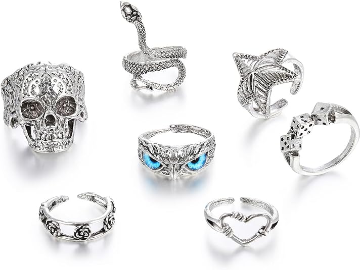 Gothic Ring Set for Women Men Vintage Stackable Silver Skull Owl Spider Snake Knuckle Ring Set Punk Style Adjustable Motorcycle Biker Rings Halloween Party Jewelry - skull ring