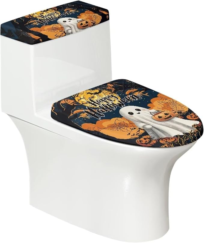 Halloween Ghost Toilet Seat & Tank Cover Set Machine Washable Toliet Lid Covers Set of 2 Plush Soft, Fits Most Toilets Decor - skull toilet paper