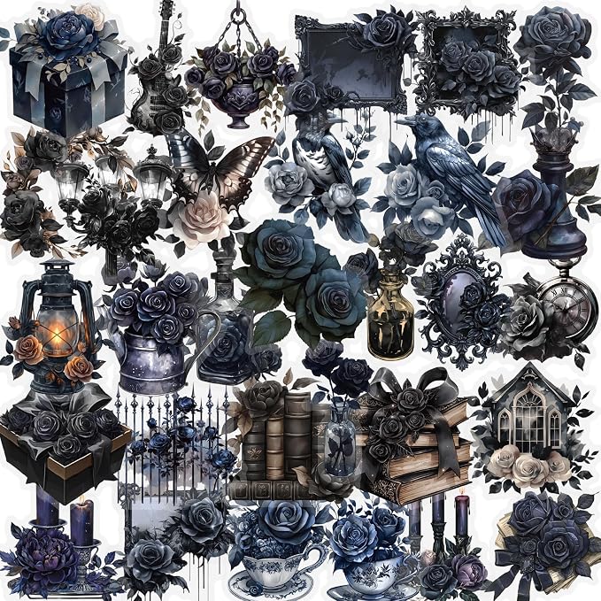 56 Pcs Gothic Rose Stickers Pack – Dark Victorian Aesthetic Scrapbooking Decals, Waterproof Clear Gothic Flowers & Vintage Objects for Journals, Planners, Art Crafts, Laptop Decoration - skull sticker