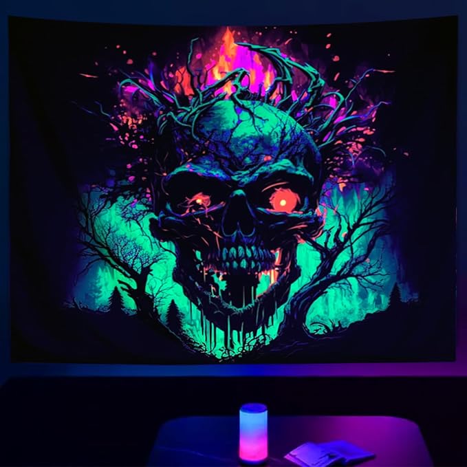 SparkLia Blacklight Fire Skull Tapestry, UV Reactive Burning Skeleton Horror Wall Hanging, Glow in the Dark Scary Dark Forest Surreal Artwork Wall Tapestries Room Decor for Bedroom, Living Room – 29.5″ x 39.4″