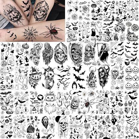 52 Sheets Halloween Temporary Tattoos For Kids Boys Girls Women Men, Adults 3D Scary Face Skull Fake Tattoos Sticker, Ghost Zombie Vampire Bat Spider Web Tattoos Cat Goodie Bag Stuffers Accessory - skull sticker