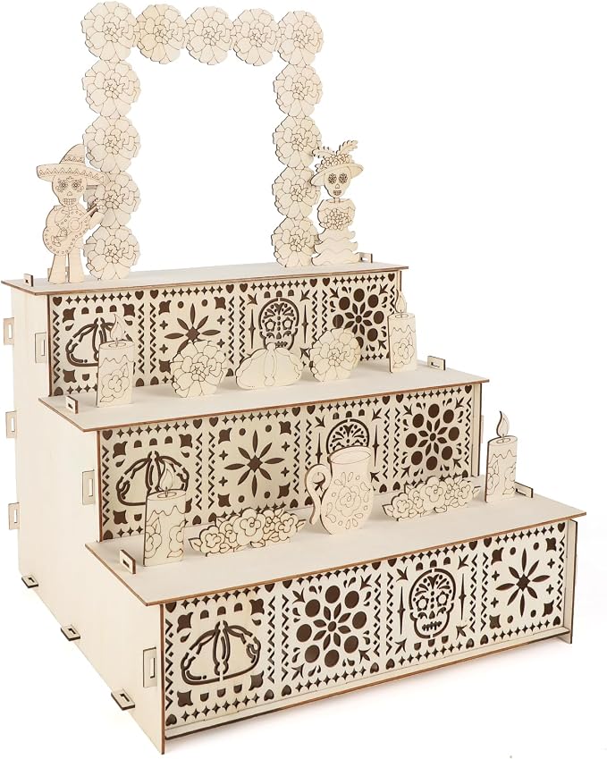 Dia De Los Muertos Ofrenda Altar Kit, Wooden Day of The Dead Shadow Box, Dia De Los Muertos Decorations with Papel Picado, Marigold Flowers, Photo Frame for Celebration & Remembrance - skull figurine