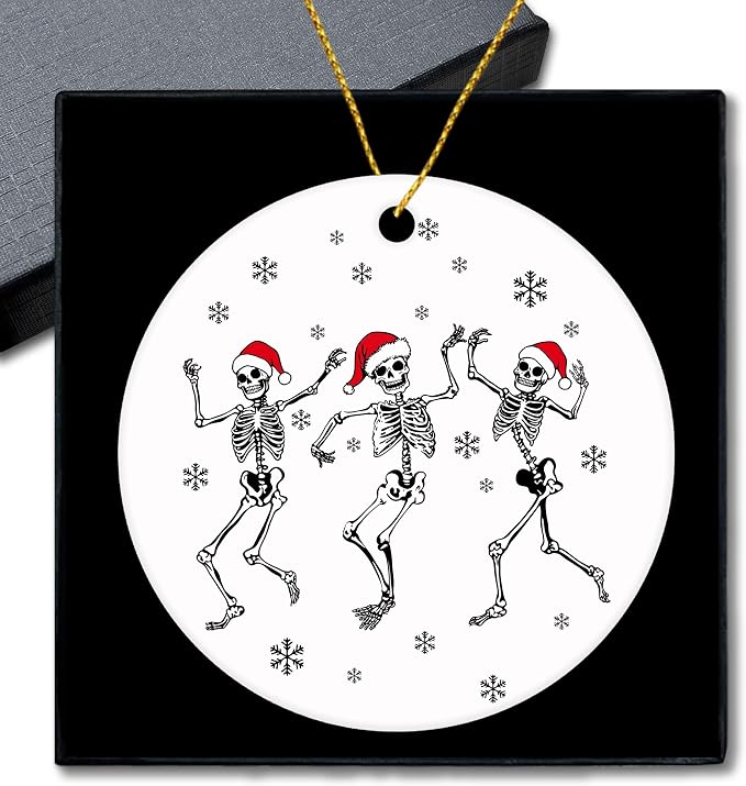 Funny Skeleton Dancing Ceramic Christmas Ornaments, Santa Cap Skeleton Snowflakes Christmas Tree Ornaments, Funny Goth Gothic Skeletons Xmas Decorative Hanging Ornament for Home Tree Car - skeleton