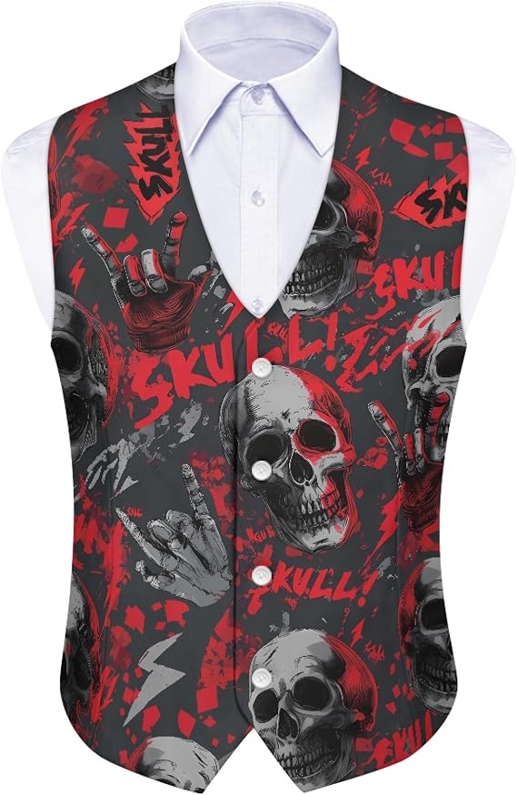 TOADDITDO Men's Halloween Suit Vests Formal Slim Fit V Neck Button Oversized Vest Waistcoat with Back Strap - skull jacket
