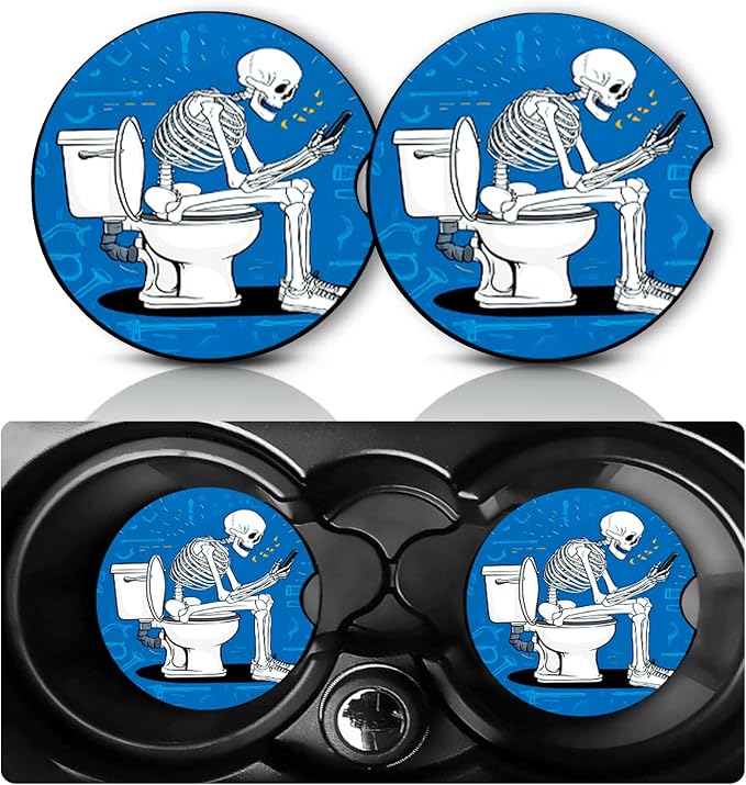 2 Pack Funny Dad Skeleton Car Cup Holder Coasters Neoprene Anti Slip Mat - skull coaster
