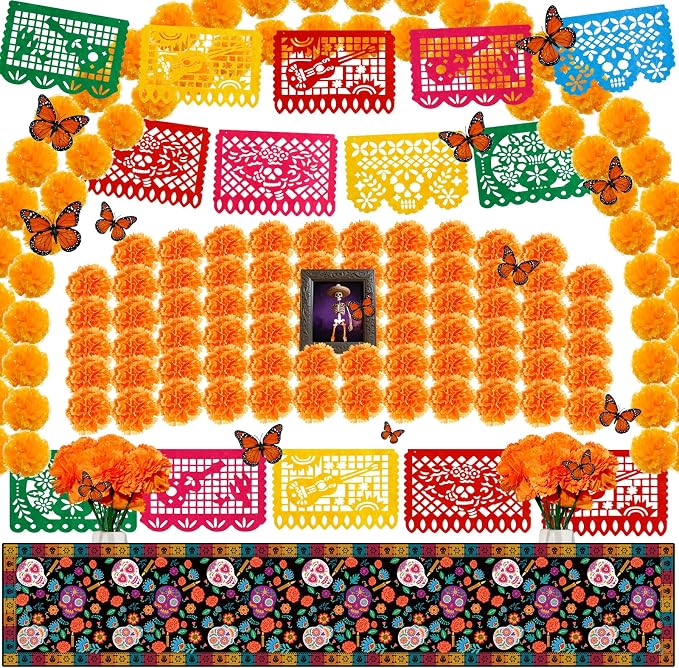 87 Pcs Dia De Los Muertos Decorations, Day of The Dead Set Include 50 Marigold Flowers with Stem, 18 Papel Picado, 16 Butterfly, 2 Marigold Garland, 1 Table Runner, Diwali Ofrenda Altar Decor Supplies - skull carpet