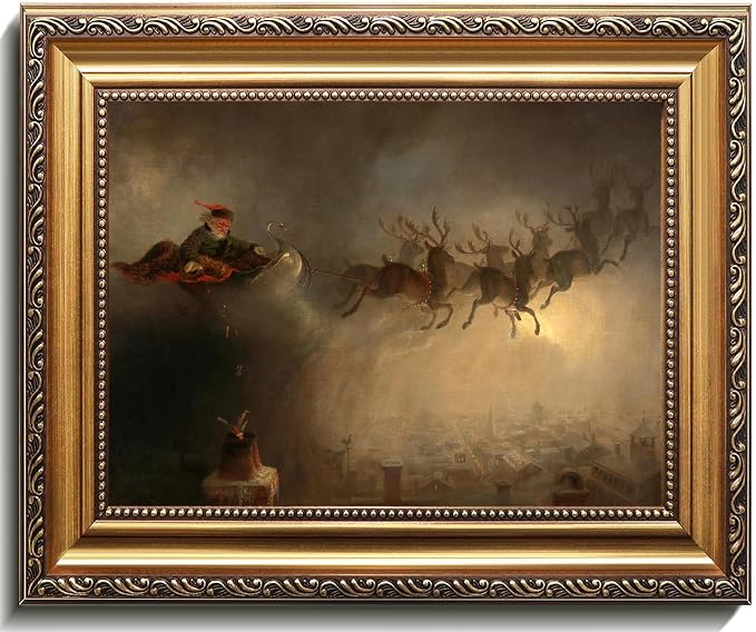 uniro Vintage Gold Framed Wall Art, Vintage Christmas Santa Claus Canvas Art Prints Painting, Antique Sleigh Reindeers Winter Xmas Poster, Rustic Christmas Wall Decor for Bedroom, Living Room, Gallery, Winter Room Decor, Holiday Decoration Gifts - 9x12Inch - skull wall art