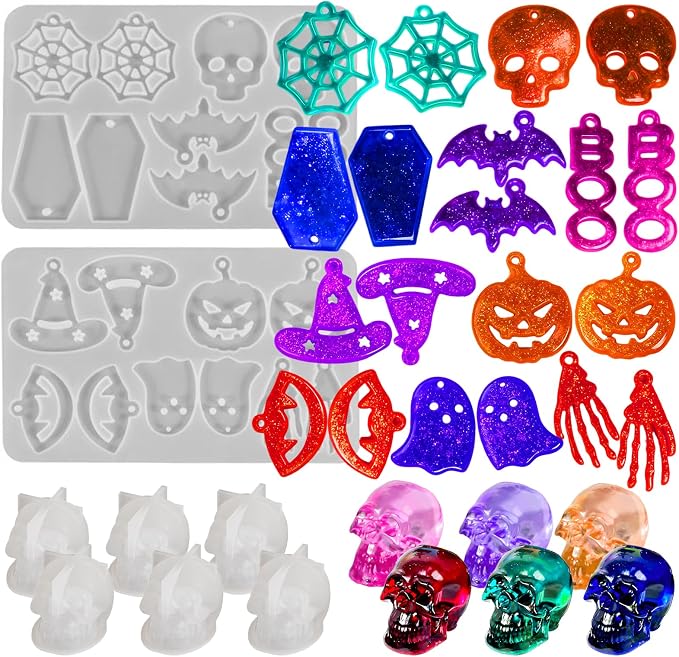 Wehous 8PCS Halloween Resin Molds, 2 Unique Earring Pendant Mold and 6 Mini Skull Mold, Skull Witch Bat Pumpkin Silicone Molds for Epoxy Resin Casting Clay, DIY Halloween Decor Keychain Jewelry Craft - skull ashtray