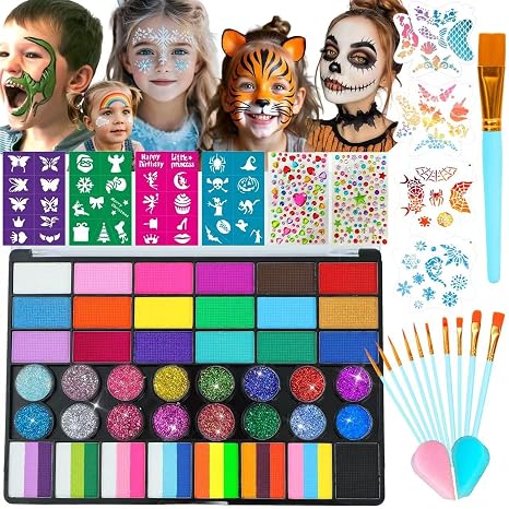 Face Painting Kit for Kids, 42 Colors Professional Face Paint Makeup Kit Non-Toxic Water Activated Facepaint Palette with Brush, Stencil, Sponge, Gem, for Party Halloween Christmas (42 Colors) - skull painting