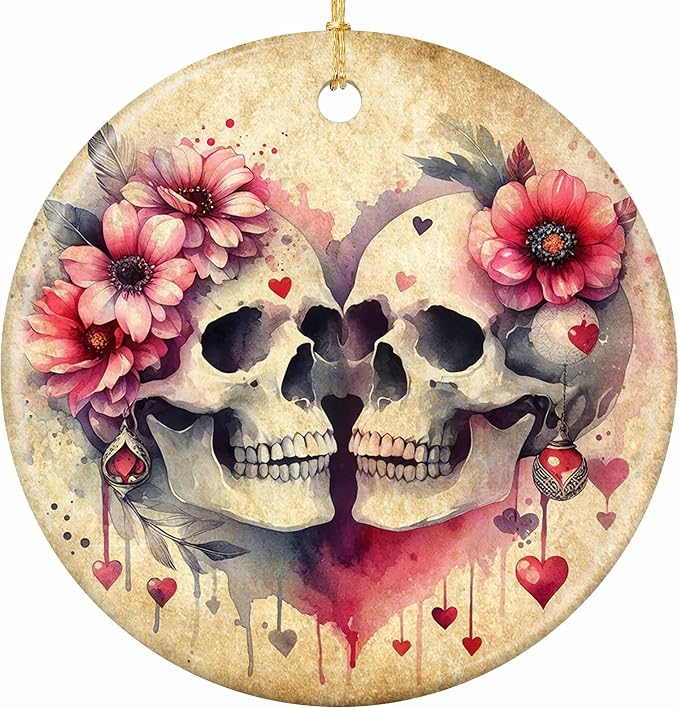 Gothic Christmas Ornament 2026 Skull Roses Couples Keepsake - sugar skull ornament