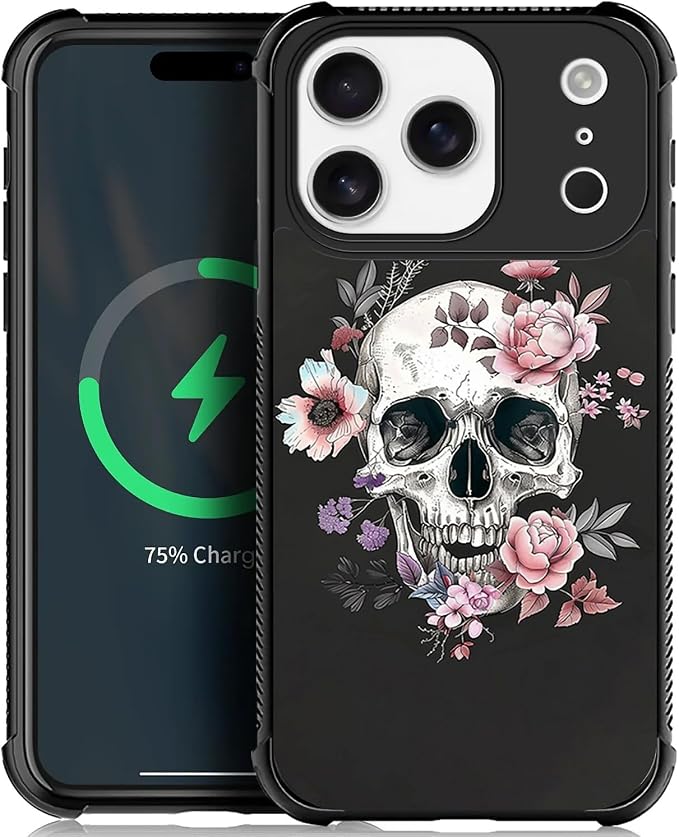 Compatible with iPhone 18 Pro 17 Pro Case,for MagSafe Amazing Pattern Design Shockproof Anti-Scratch Hard PC Back Case for iPhone 18 Pro 17 Pro White Skull Pink Rose - Skull phone case