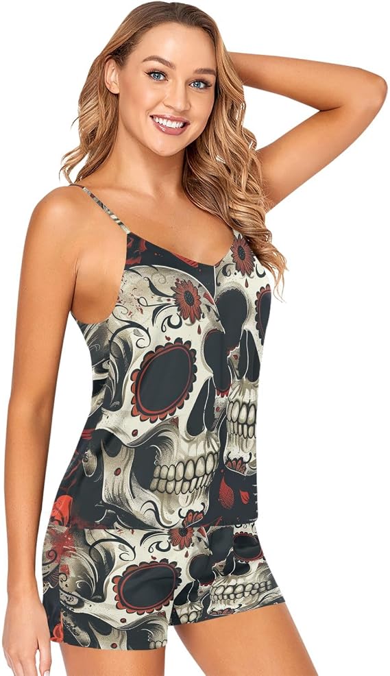 ALAZA Women's The Day Of Dead Halloween Skull and Skeleton Pajamas Camisole Shorts Set - skull pajamas