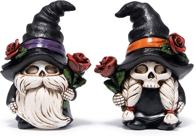 Hodao Halloween Gnomes Decor Indoor Skull Figurines with Witch Hats 2 Pcs - skull figurine
